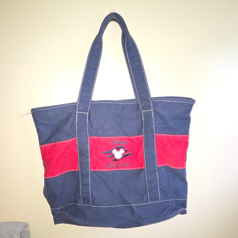 Vtg Disney Cruise Line Navy Blue Red Canvas Tote Bag Mickey Mouse Logo Zippered